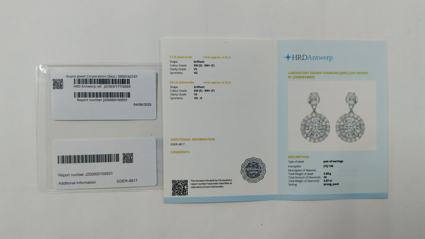3.87 Carats Lab Grown Diamond 14K Gold Earrings