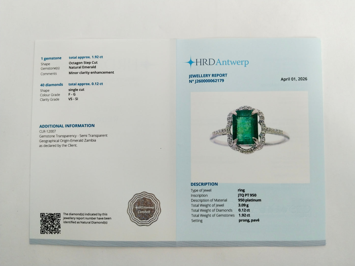 2.04 Ct Octagon Step Cut Natural Emerald 950 Platinum Ring