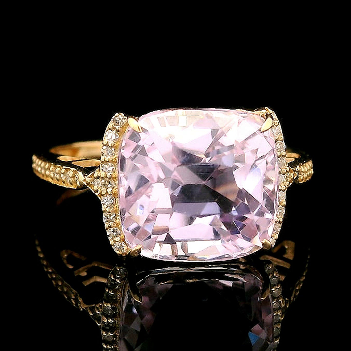 6.60 Ct Cushion Mixed Cut Natural Kunzite 14K Gold Ring