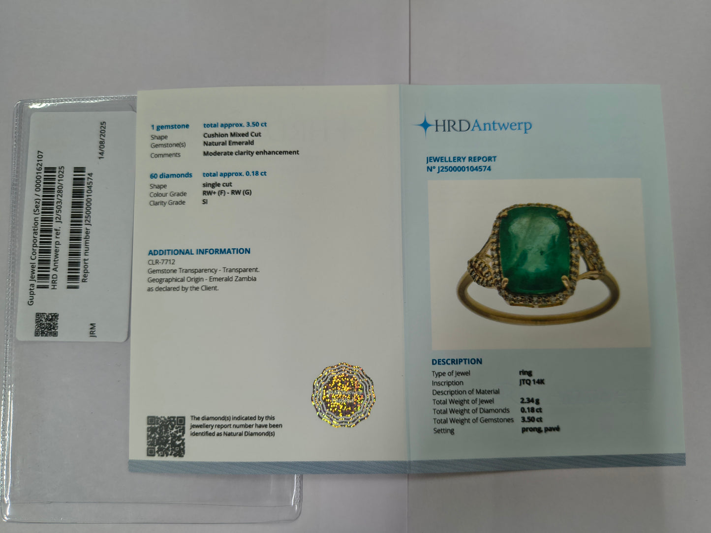 3.68 Ct Cushion Mixed Cut Natural Emerald 14K Gold Ring