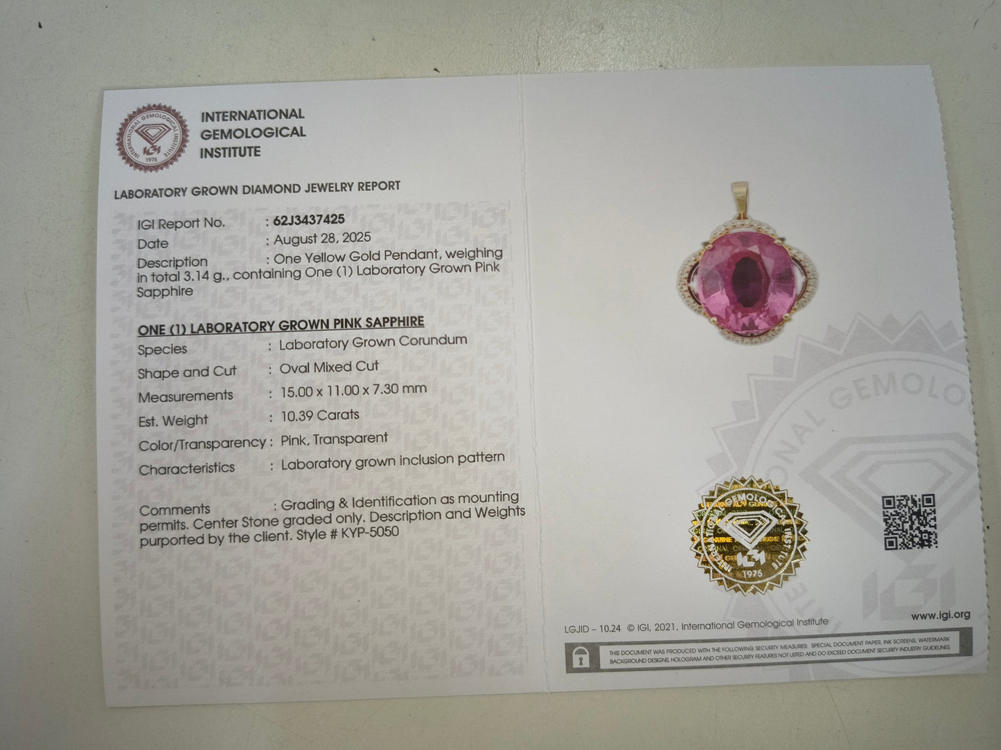 10.50 Ct Oval Mixed Cut Lab Grown Pink Sapphire 14K Gold Pendant