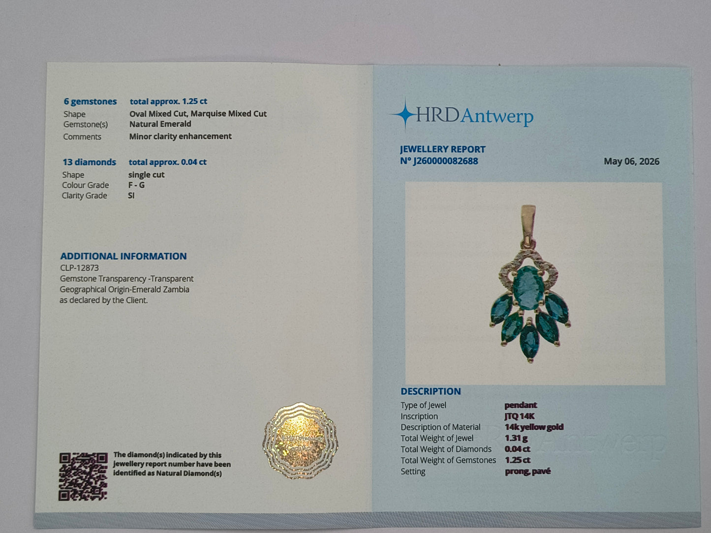 1.06 Ct Oval Mixed Cut, Marquise Mixed Cut Natural Emerald 14K Gold Pendant