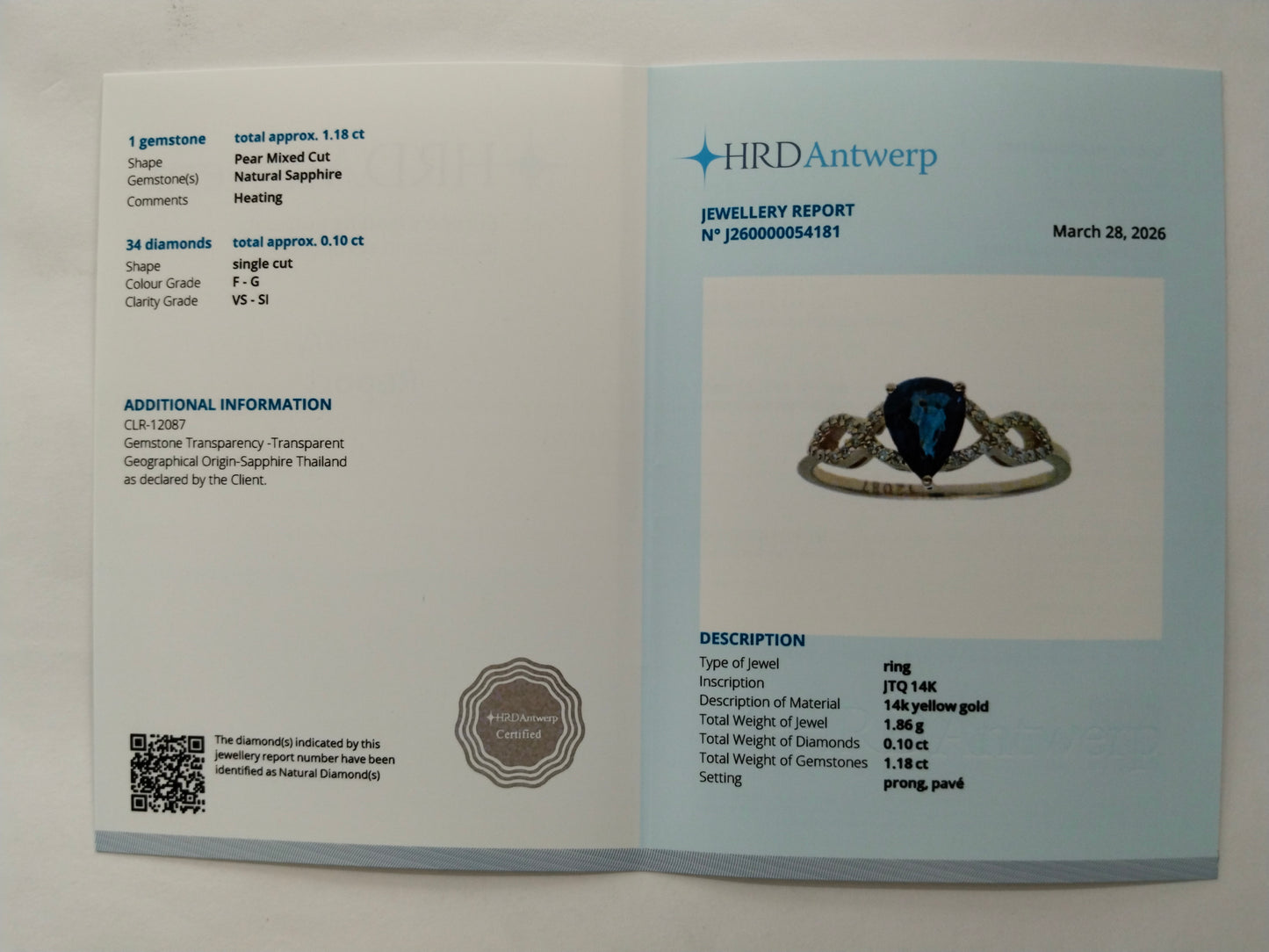 1.28 Ct Pear Mixed Cut Natural Sapphire 14K Gold Ring