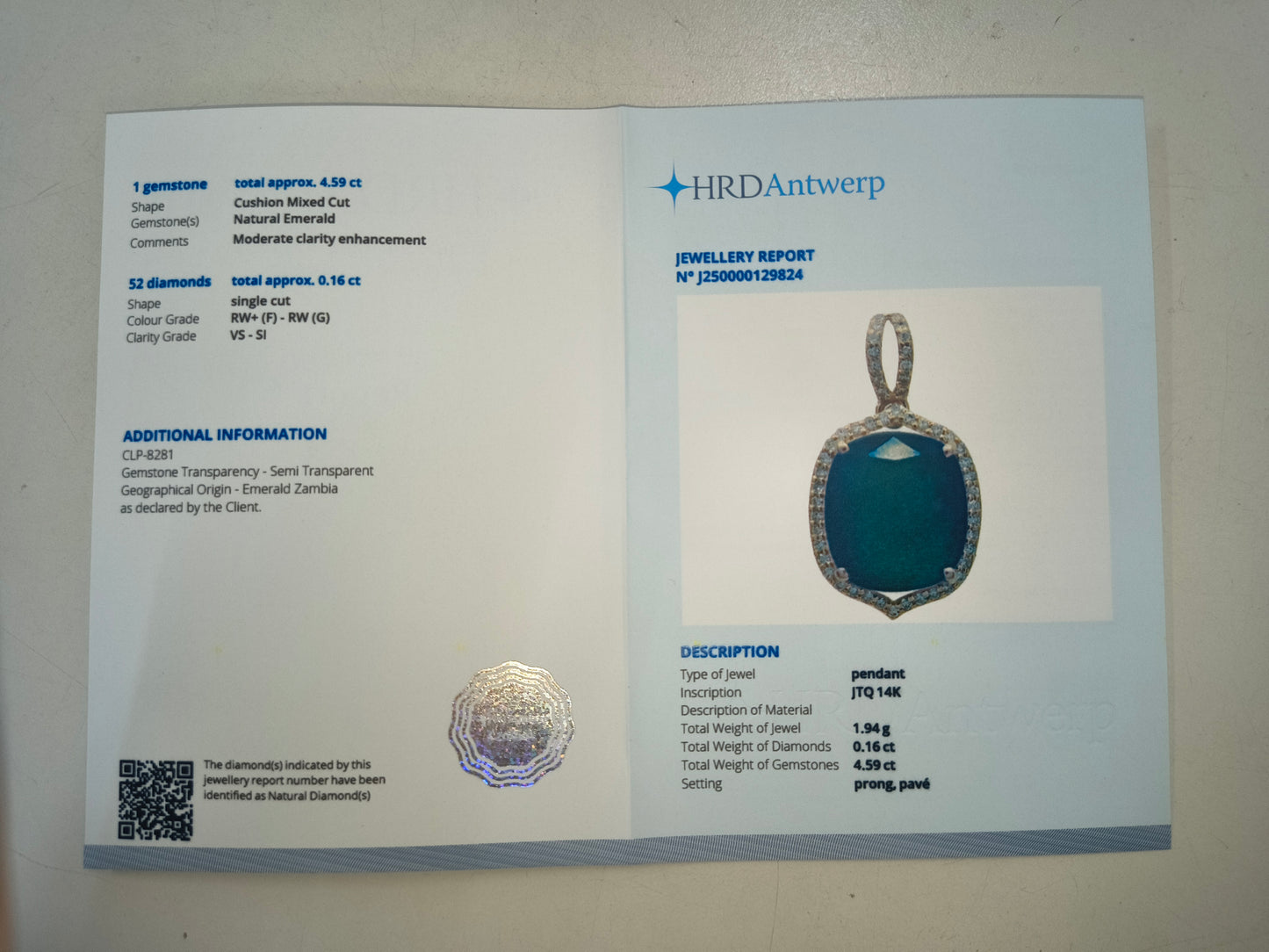 4.75 Ct Cushion Natural Emerald 14K Gold Pendant