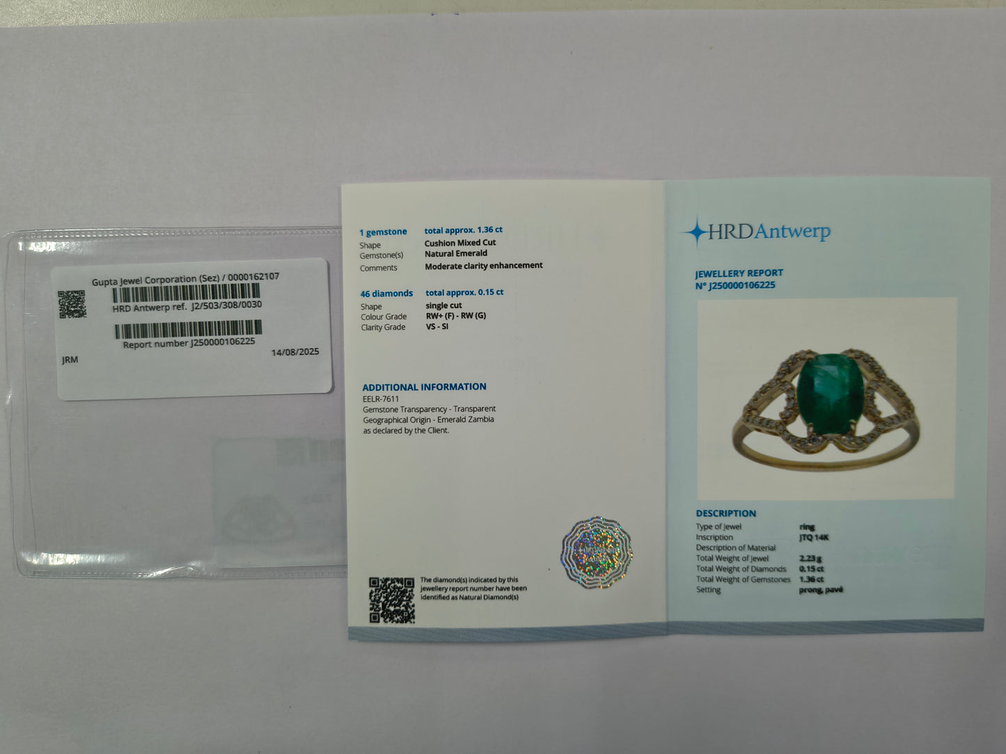 1.51 Ct Cushion Mixed Cut Natural Emerald 14K Gold Ring