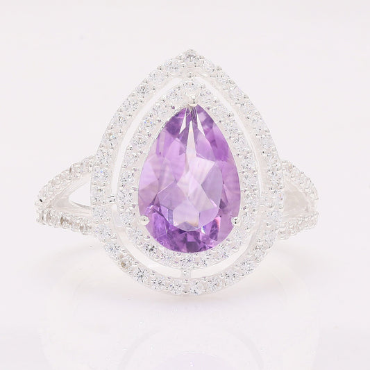 4.61 Ct Pear Amethyst 925 Silver Ring