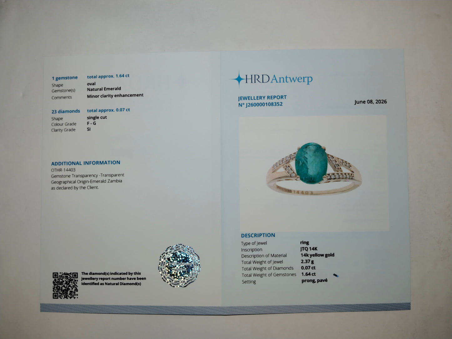 1.71 Ct Oval Mixed Cut Natural Emerald 14K Gold Ring