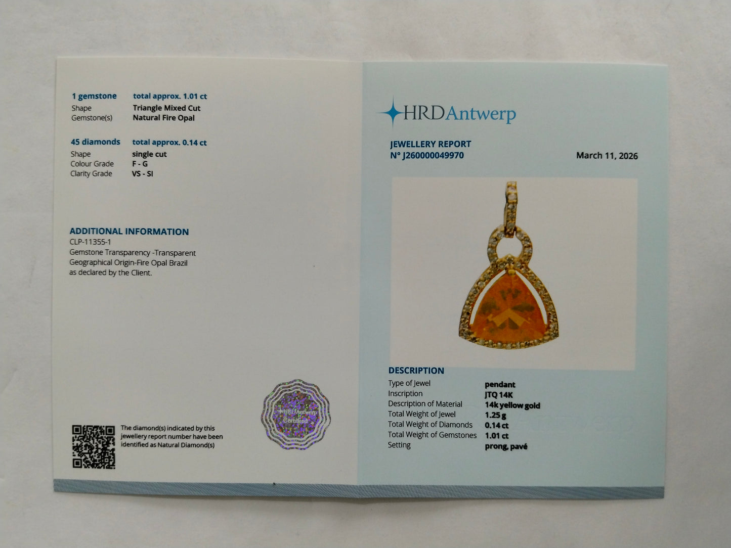 1.15 Ct Triangle Mixed Cut Natural Fire Opal 14K Gold Pendant