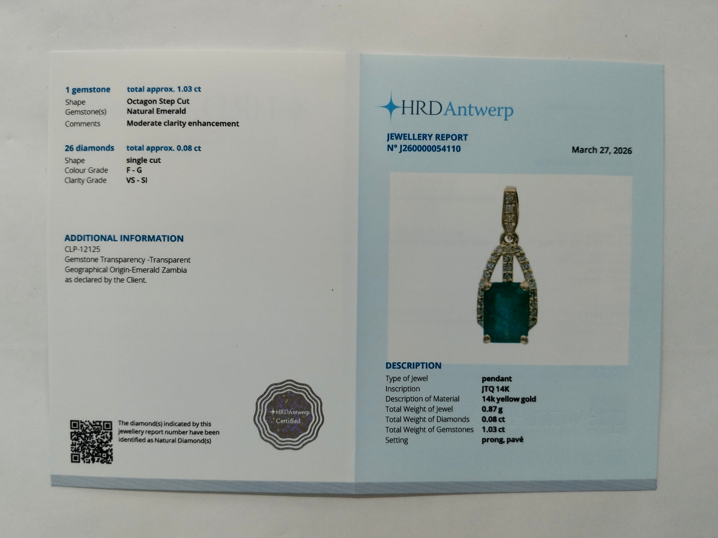 1.11 Ct Octagon Step Cut Natural Emerald 14K Gold Pendant
