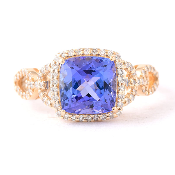 2.54 Ct Cushion Mixed Cut Natural Tanzanite 14K Gold Ring