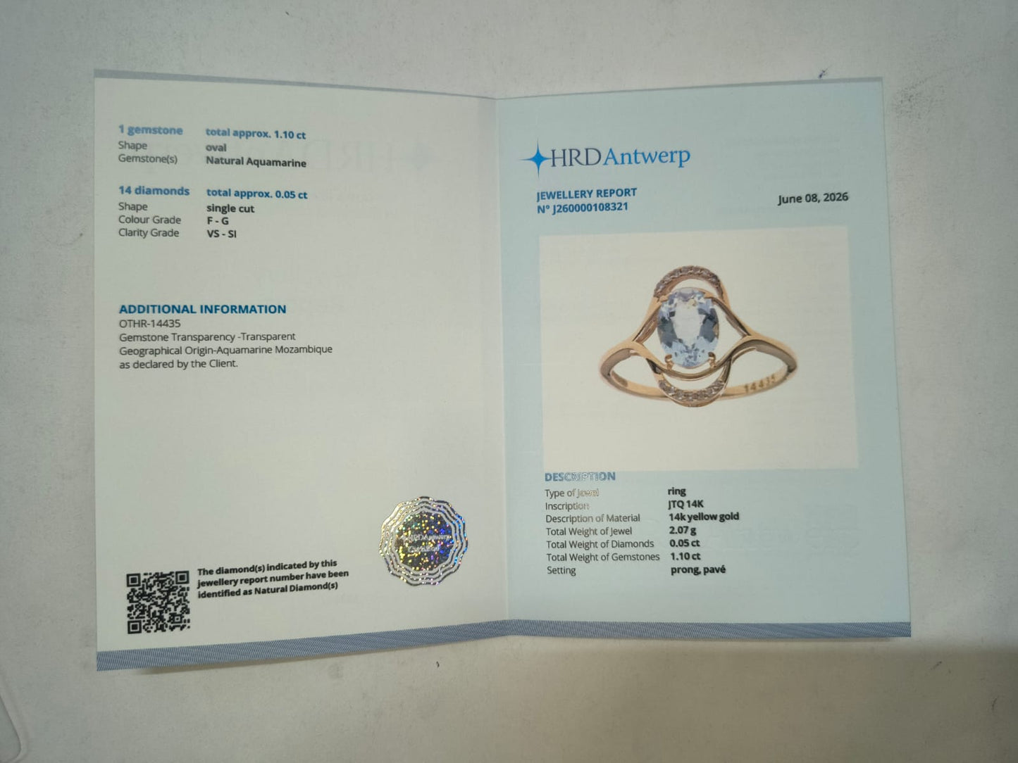 1.15 Ct Oval Mixed Cut Natural Aquamarine 14K Gold Ring