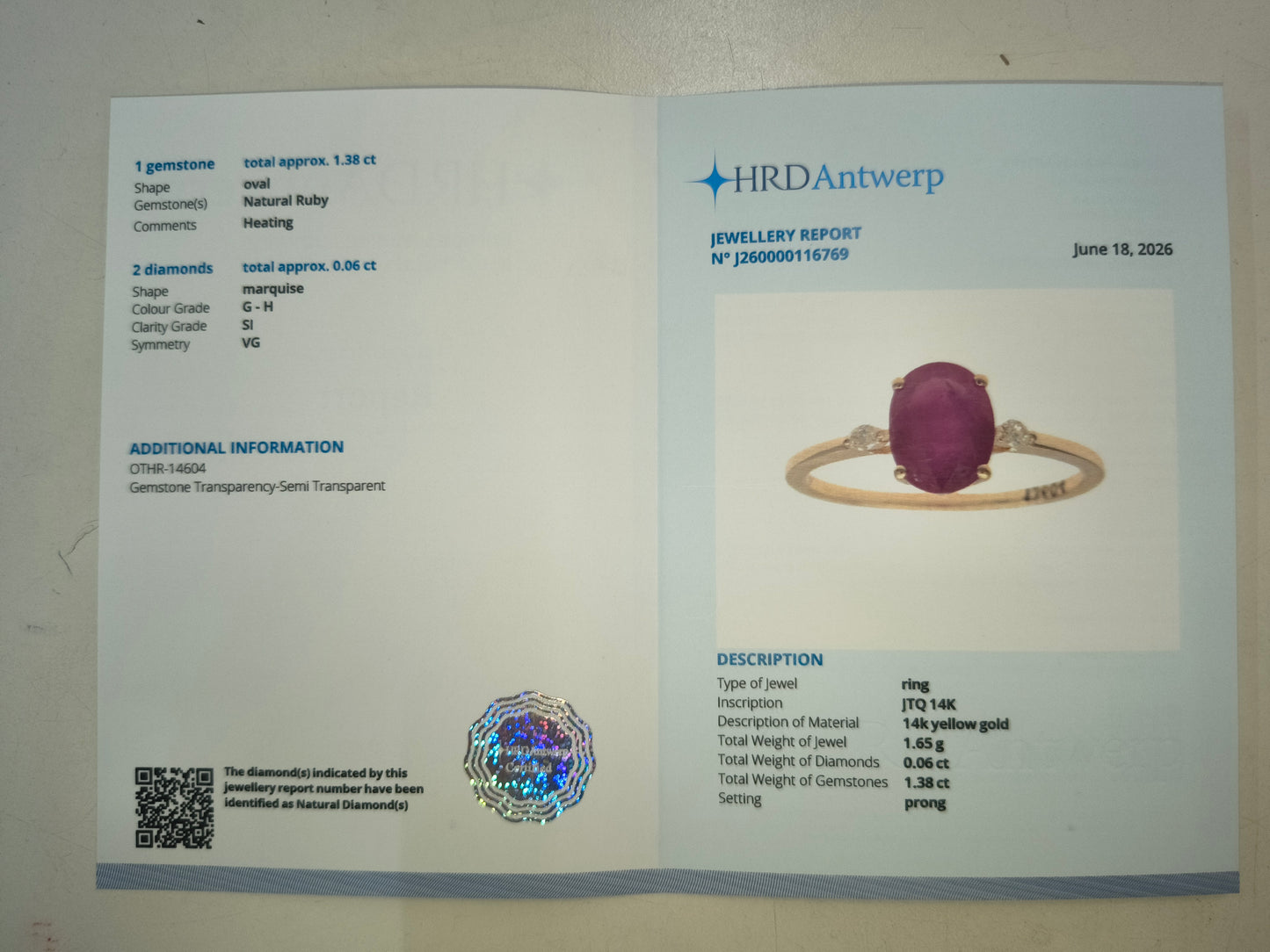 1.44 Ct Oval Natural Ruby 14K Gold Ring