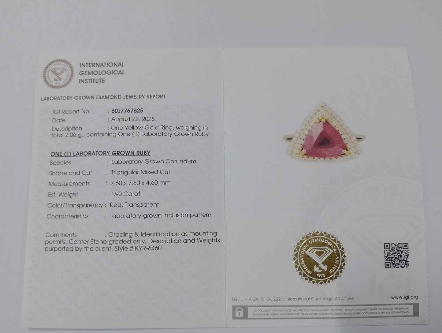 2.09 Ct Triangular Mixed Cut Lab Grown Ruby 14K Gold Ring