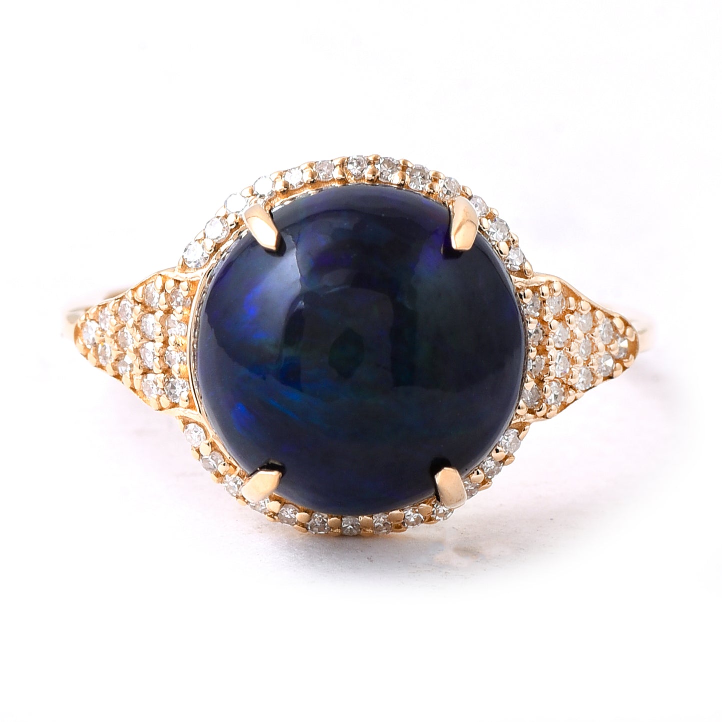 4.11 Ct Round Cabochon Cut Natural Black Opal 14K Gold Ring