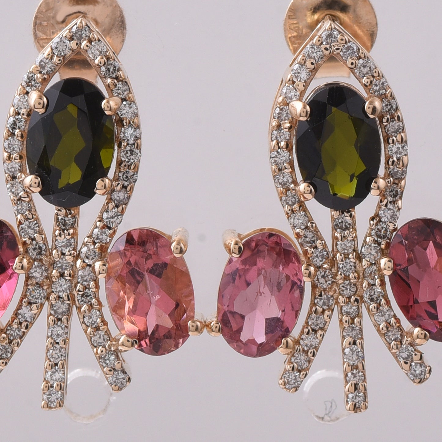 3.20 Ct Oval Mixed Cut Natural Multi-Coloured Tourmaline 14K Gold Earrings