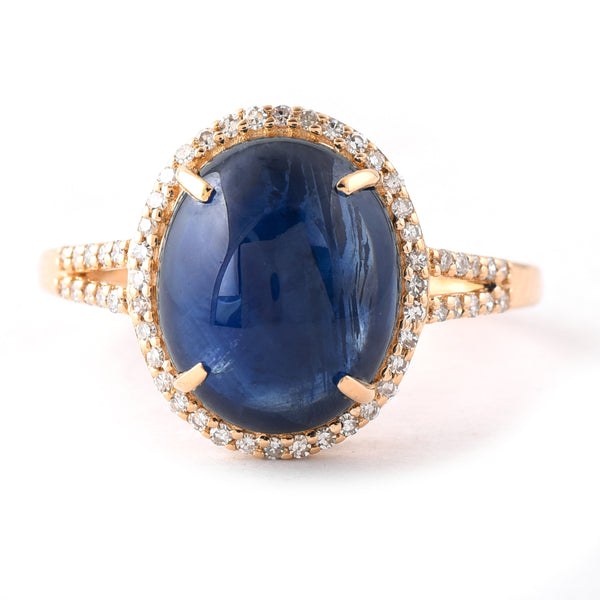 6.08 Ct Oval Cabochon Cut Natural Sapphire 14K Gold Ring