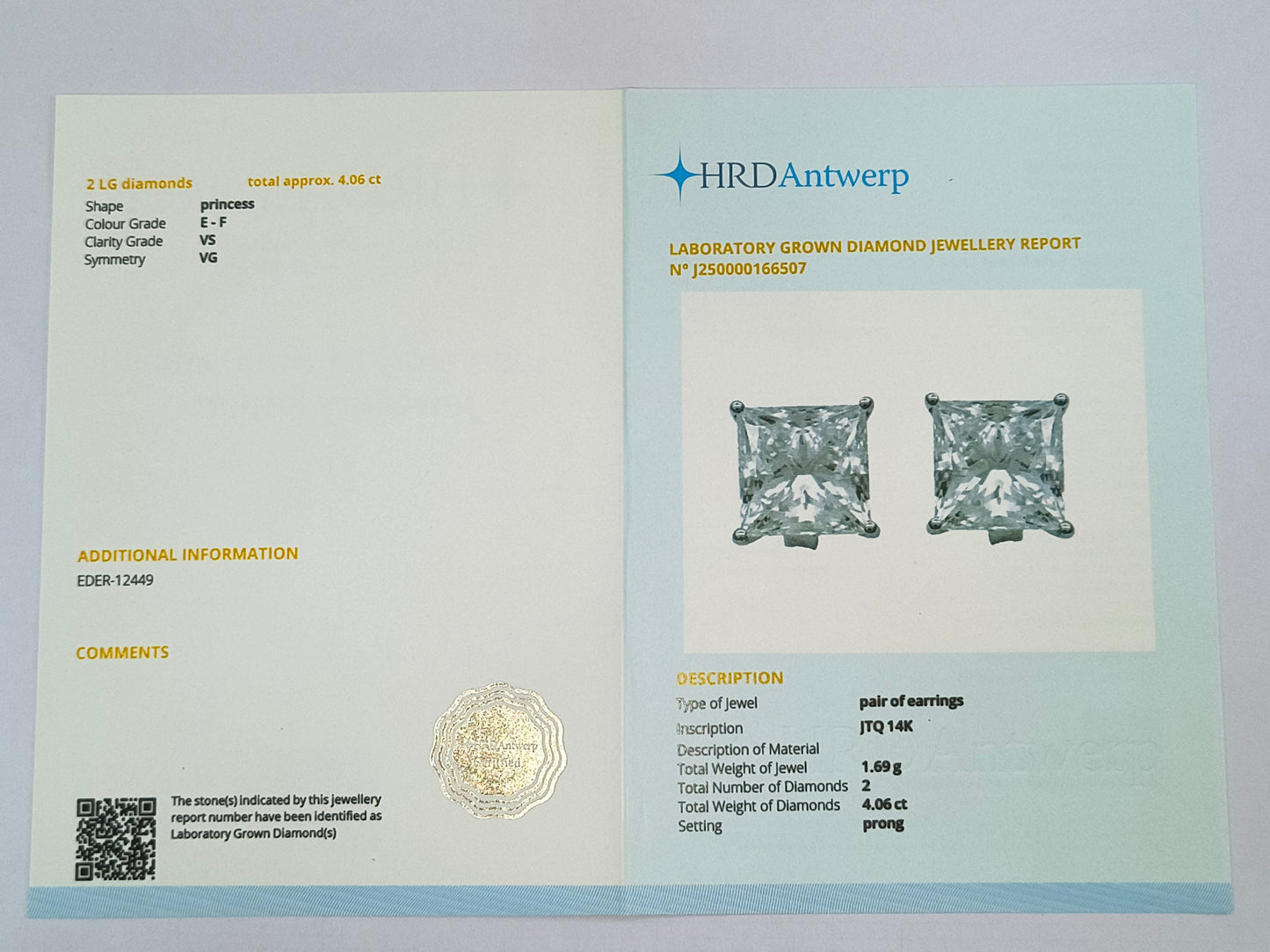 4.06 Carats Lab Grown Diamond 14K Gold Earrings