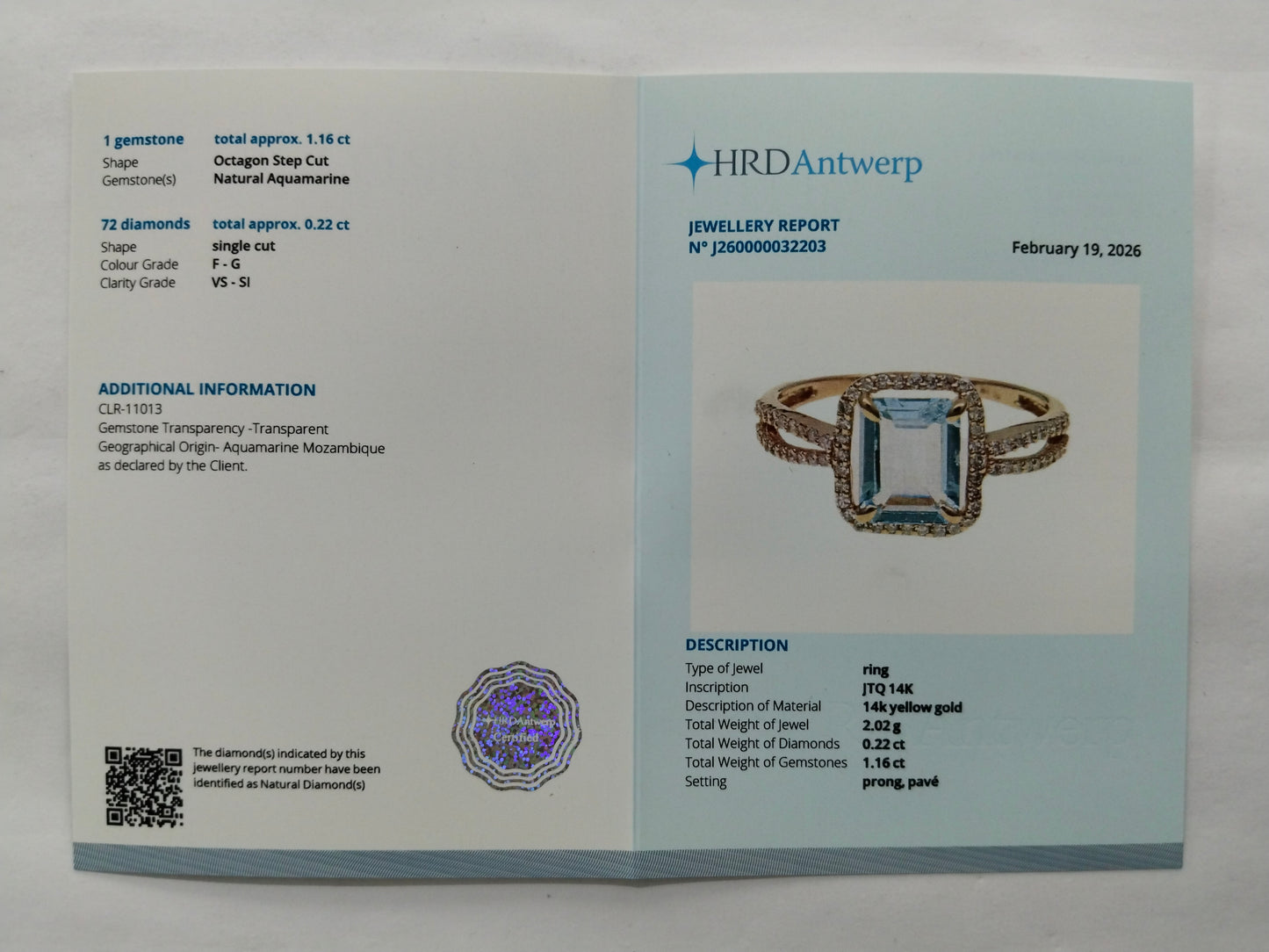 1.38 Ct Octagon Step Cut Natural Aquamarine 14K Gold Ring