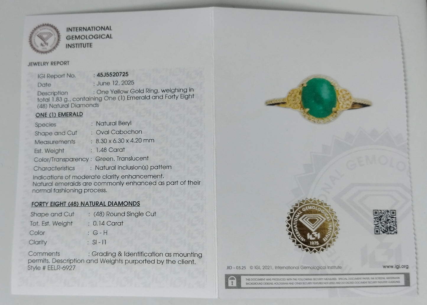 1.62 Ct Oval Cabochon Natural Beryl Emerald 14K Gold Ring