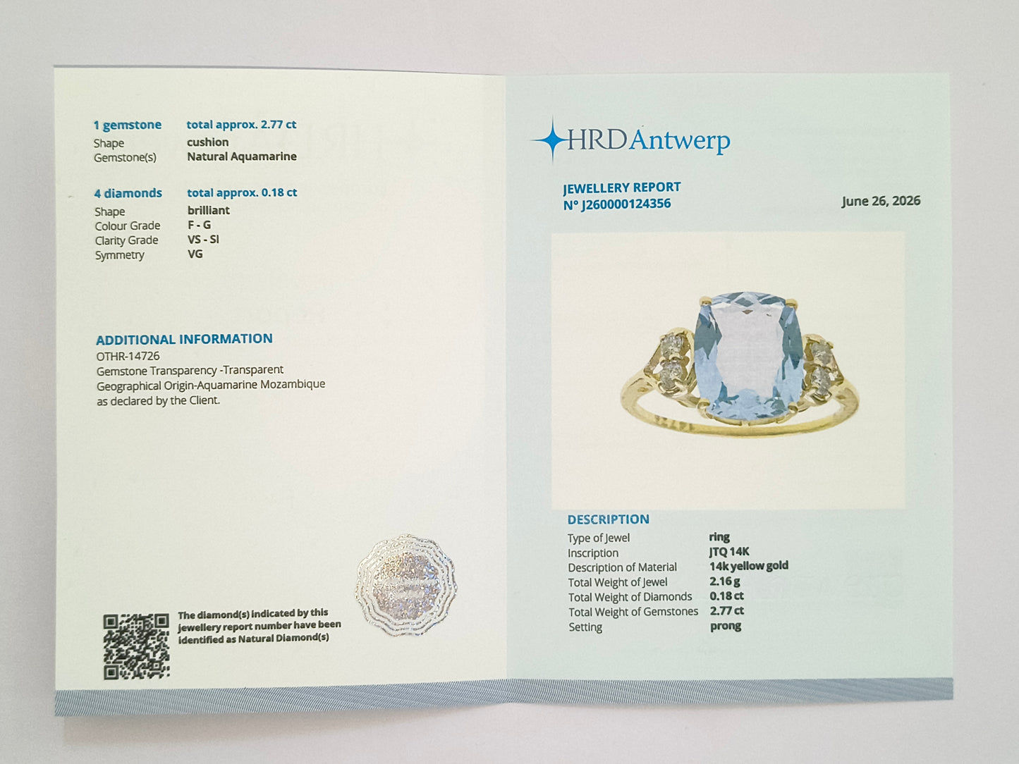 2.95 Ct Cushion Natural Aquamarine 14K Gold Ring
