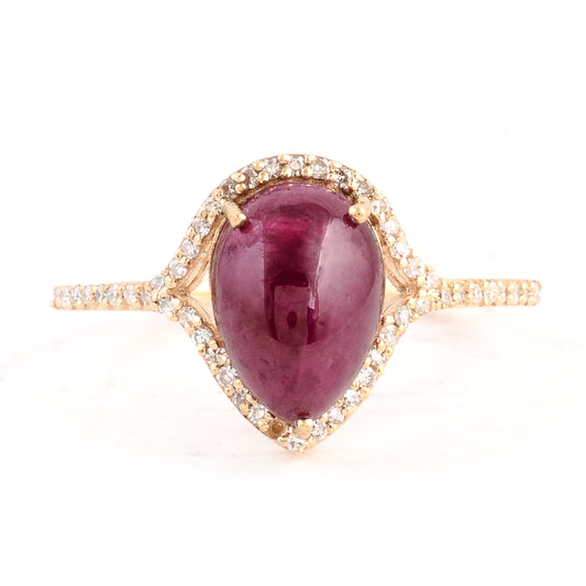 3.62 Ct Pear Cabochon Natural Corundum Ruby 14K Gold Ring