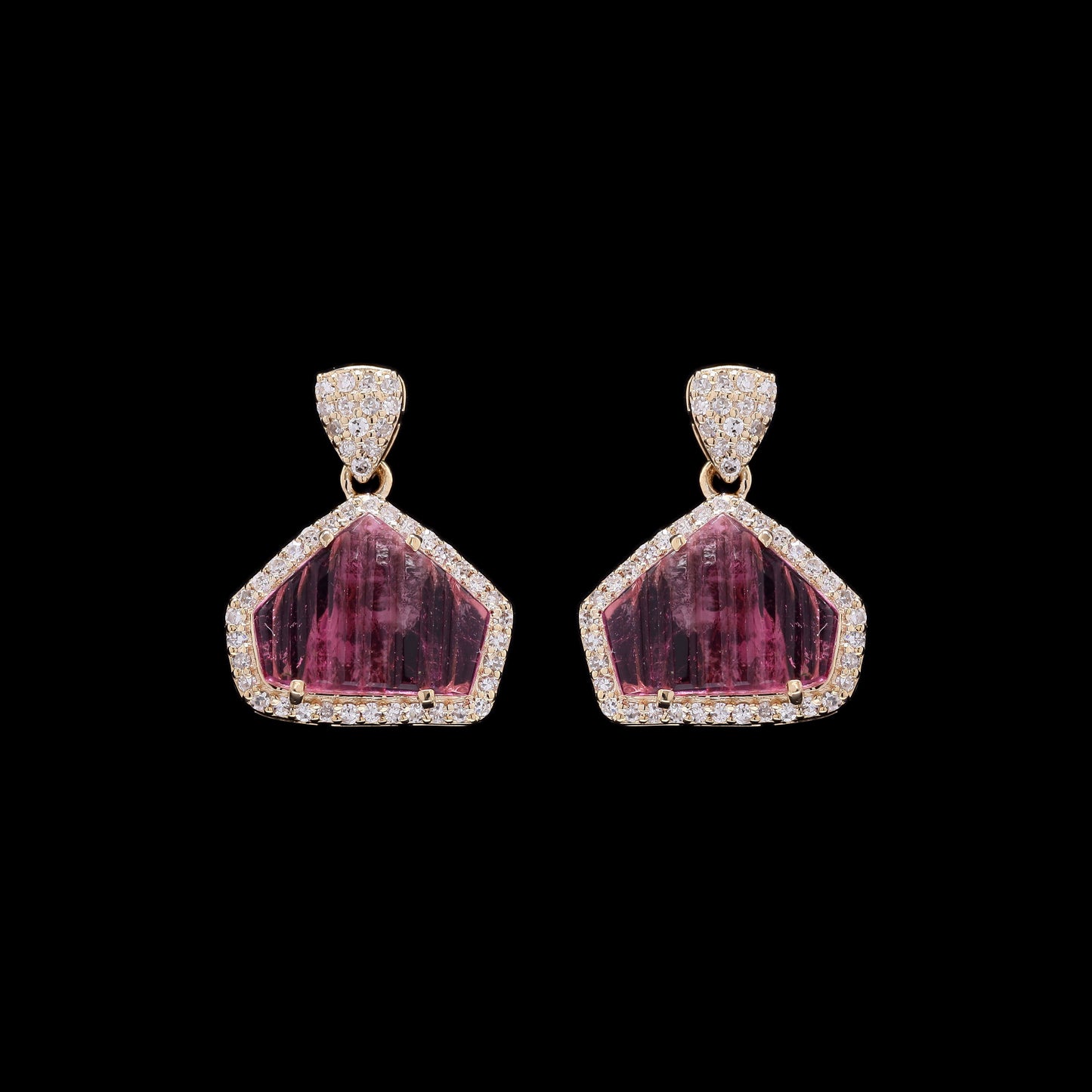 2.33 Ct Fancy Carving Natural Pink Tourmaline 14K Gold Earrings