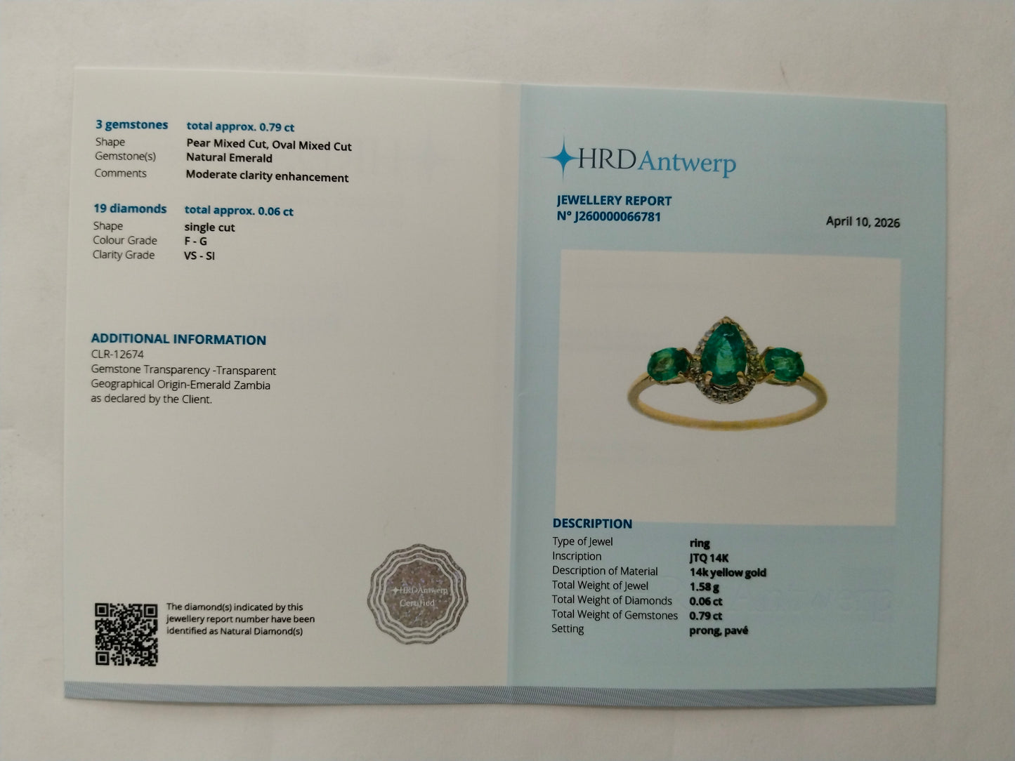 0.85 Ct Pear Mixed Cut, Oval Mixed Cut Natural Emerald 14K Gold Ring