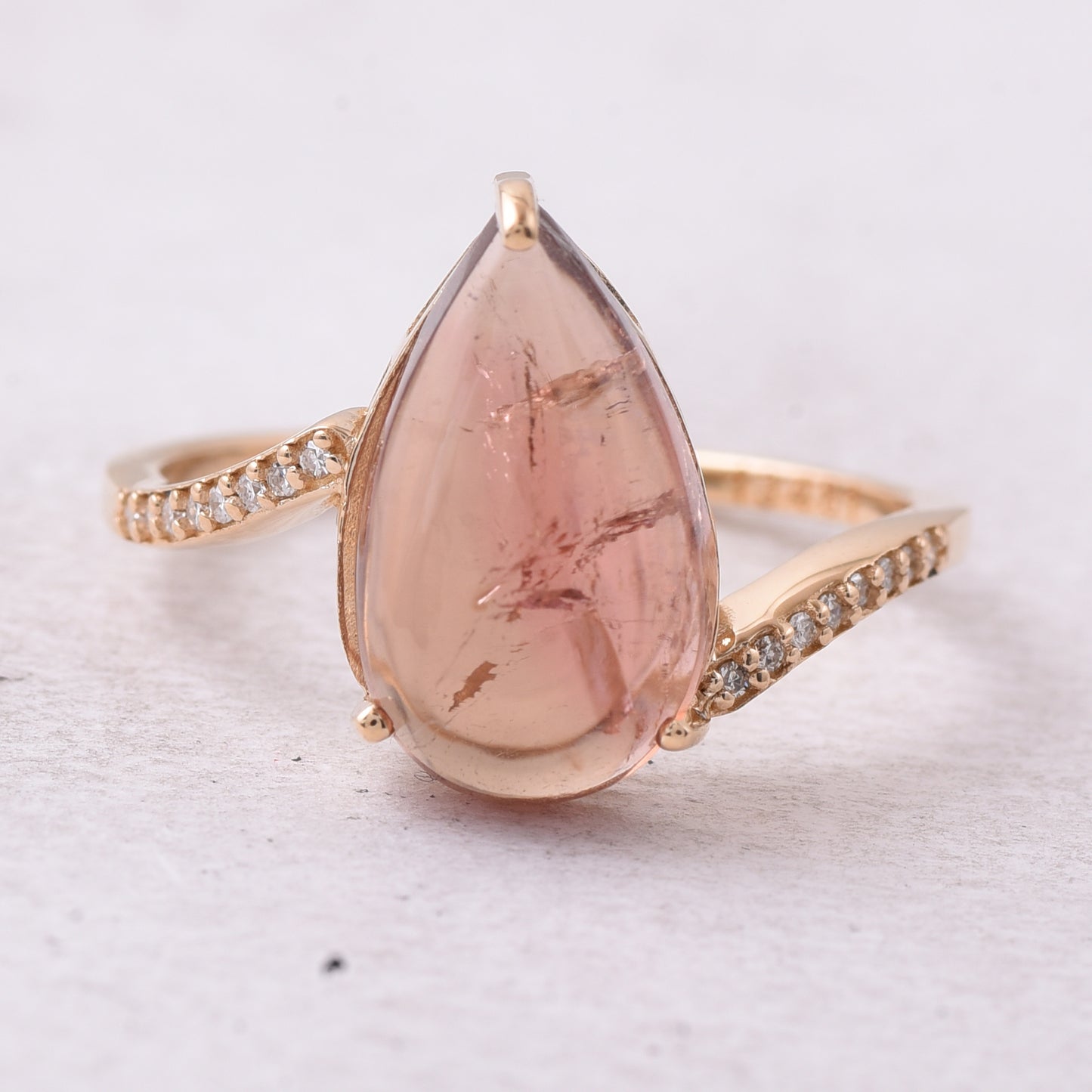 4.37 Ct Pear Cabochon Natural Pink Tourmaline 14K Gold Ring