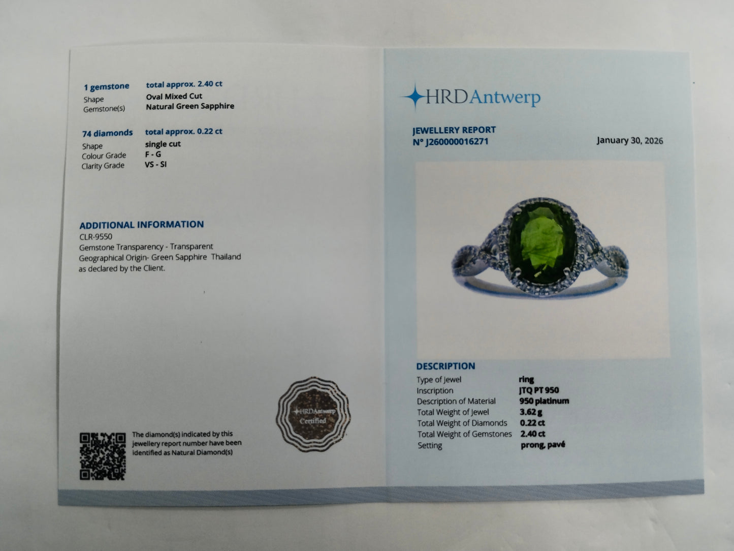 2.62 Ct Oval Mixed Cut Natural Green Sapphire 950 Platinum Ring