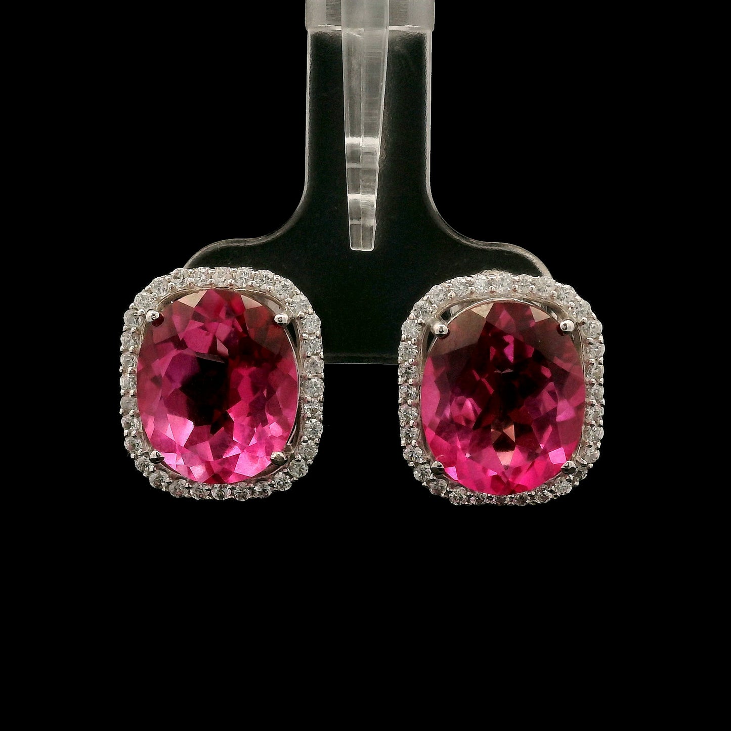 12.32 Ct Oval Pink Topaz, White Zircon 925 Sterling Silver Earrings