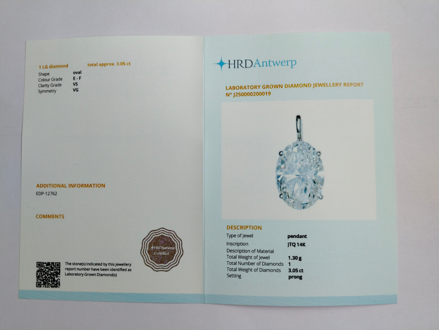 3.05 Carats Lab Grown Diamond 14K Gold Pendant