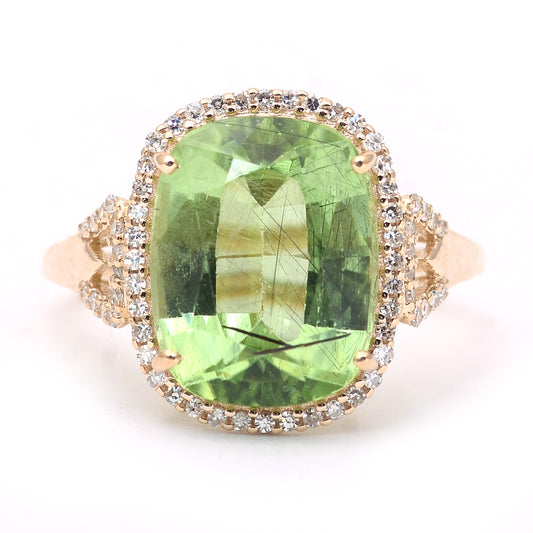 6.74 Ct Cushion Mixed Cut Natural Peridot 14K Gold Ring