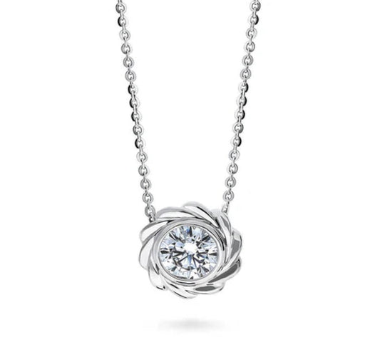 Woven Solitaire Bezel Set CZ Pendant Necklace in Sterling Silver