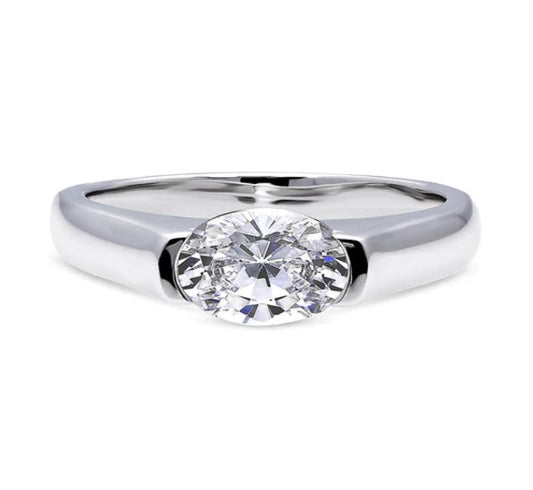 Solitaire 1.2ct Half Bezel Set Oval CZ Ring in Sterling Silver