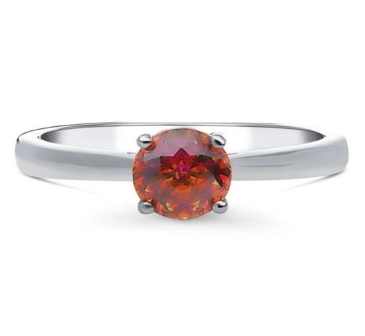 Solitaire Red Orange Round CZ Ring in Sterling Silver 0.8ct