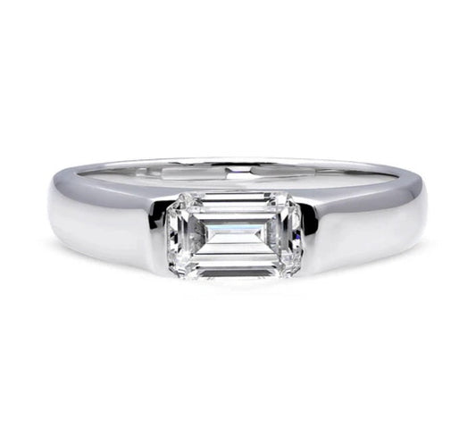East-West Solitaire Half Bezel Set CZ Ring in Sterling Silver